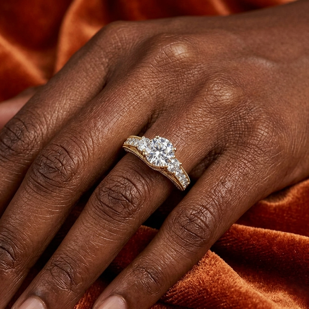 Round-Cut Three-Stone Engagement Ring with Milgrain Channel-Set Band