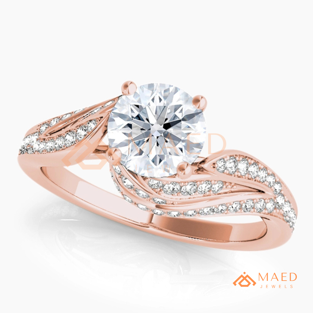 Vintage Bypass Round Cut Engagement Ring with Swirl Pavé Band