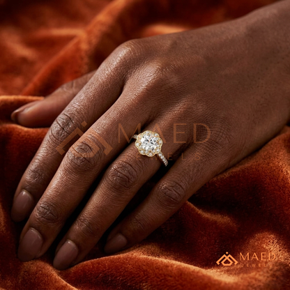 Round Cut Flower Halo Engagement Ring with Pave Band