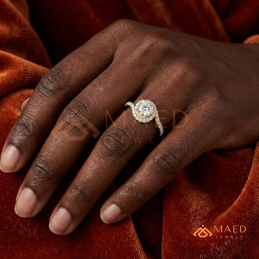 Moissanite Bypass Halo Engagement Ring in 14K Gold, Rose Gold & Sterling Silver | Twisted Pave Diamond Accent Ring for Women