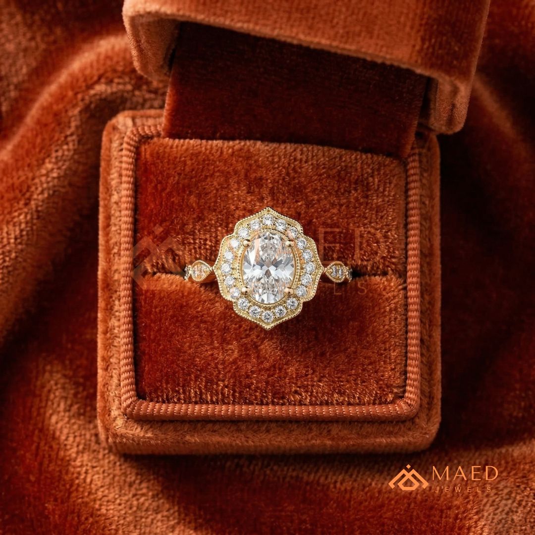 Vintage Oval Cut Art Deco Halo Engagement Ring | Milgrain Band in 14k Gold & Silver