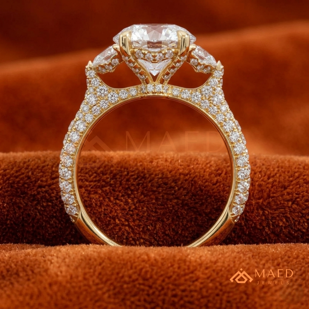 Round Brilliant and Half Moon Three Stone Ring | Multi-Row Pavé Band in 14k Gold & Silver