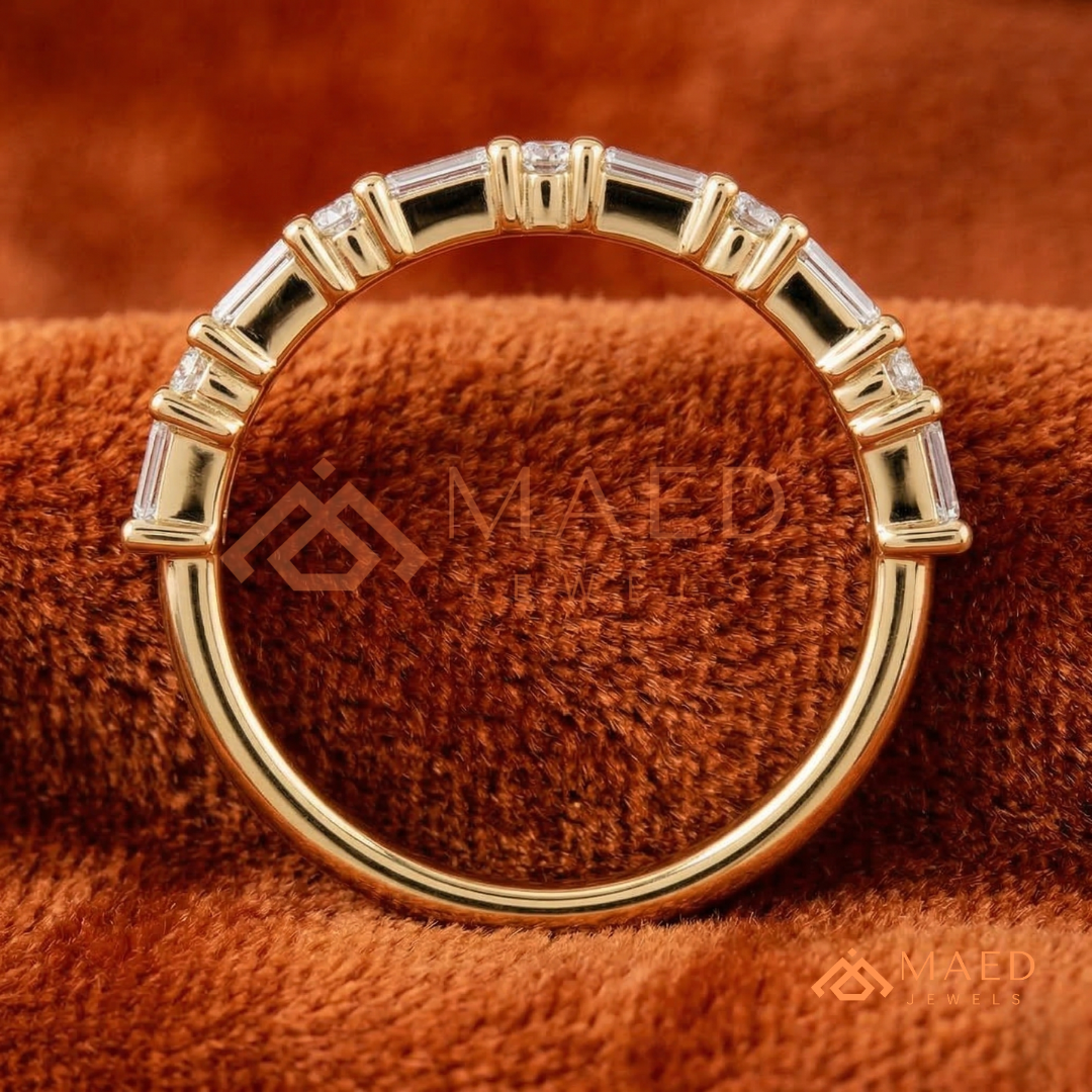 Alternating Baguette & Round Cut Diamond Wedding Band | Shared Prong Multi-Stone Anniversary Ring in Silver, 14K Gold, & Rose Gold