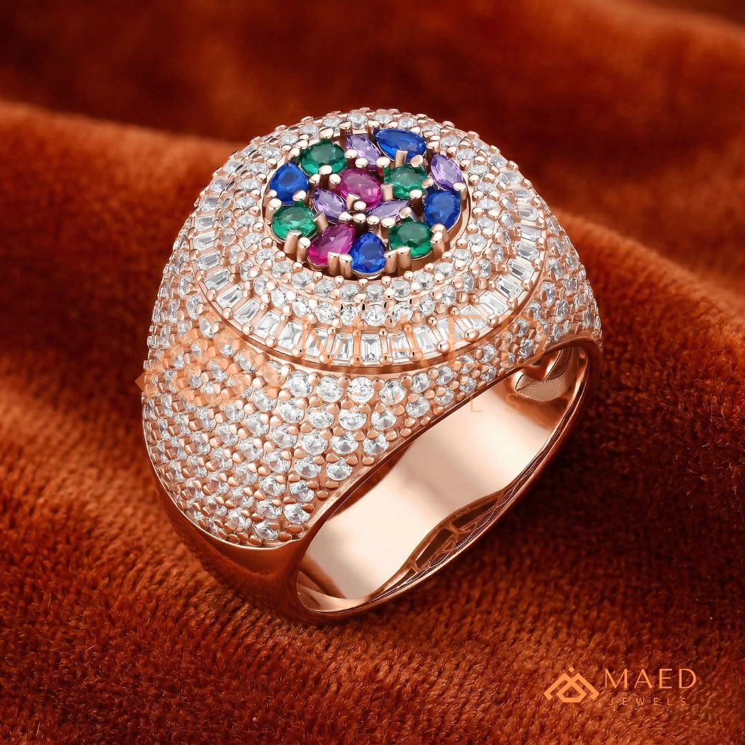 Heavy Multi-Color Iced Medallion Ring – 925 Silver, 14K Gold & Rose Gold