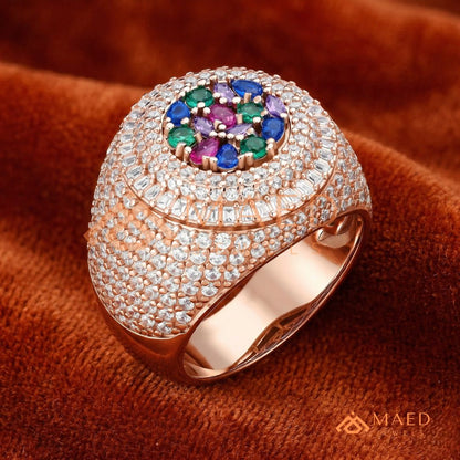 Heavy Multi-Color Iced Medallion Ring – 925 Silver, 14K Gold & Rose Gold