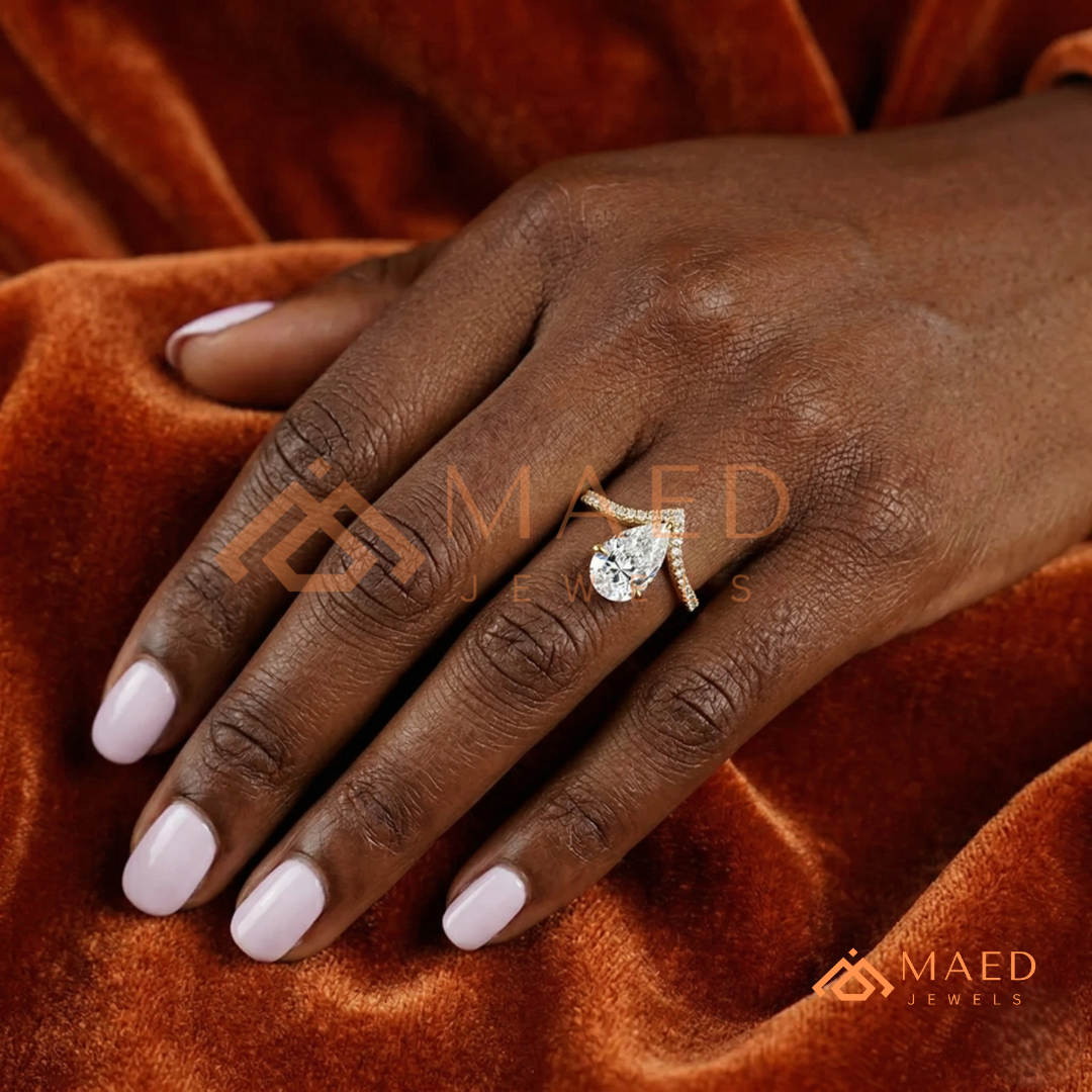 Pear Cut Chevron Engagement Ring in Sterling Silver, 14K Gold & 14K Rose Gold