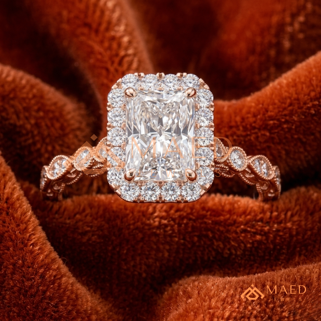 Radiant Halo Vintage-Style Engagement Ring – Ornate Vine Band