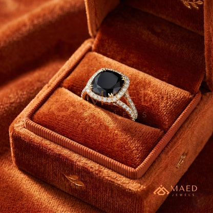 Gothic Luxury Black Spinel Split Shank Ring – Silver, 14K Yellow & Rose Gold