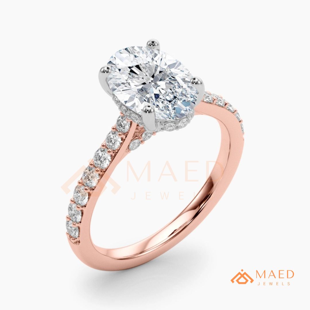 Oval Cut Moissanite Engagement Ring | 14K Gold, Rose Gold & Silver Pave Band
