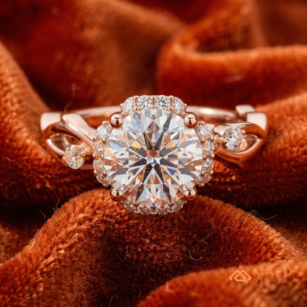Round Cut Floral Halo Engagement Ring with Twisted Infinty Band in 14K Gold, Rose Gold & Silver