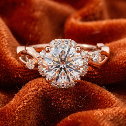 Round Cut Floral Halo Engagement Ring with Twisted Infinty Band in 14K Gold, Rose Gold & Silver