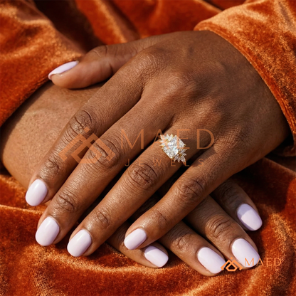 Radiant Cut Engagement Ring with Marquise Diamond Lotus Cluster in 14K Gold, Rose Gold & Silver