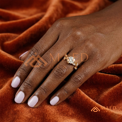 Nature Inspired Round Moissanite Engagement Ring, 6-Prong Marquise Leaf Twig Wedding Ring in Silver, 14K Gold & Rose Gold