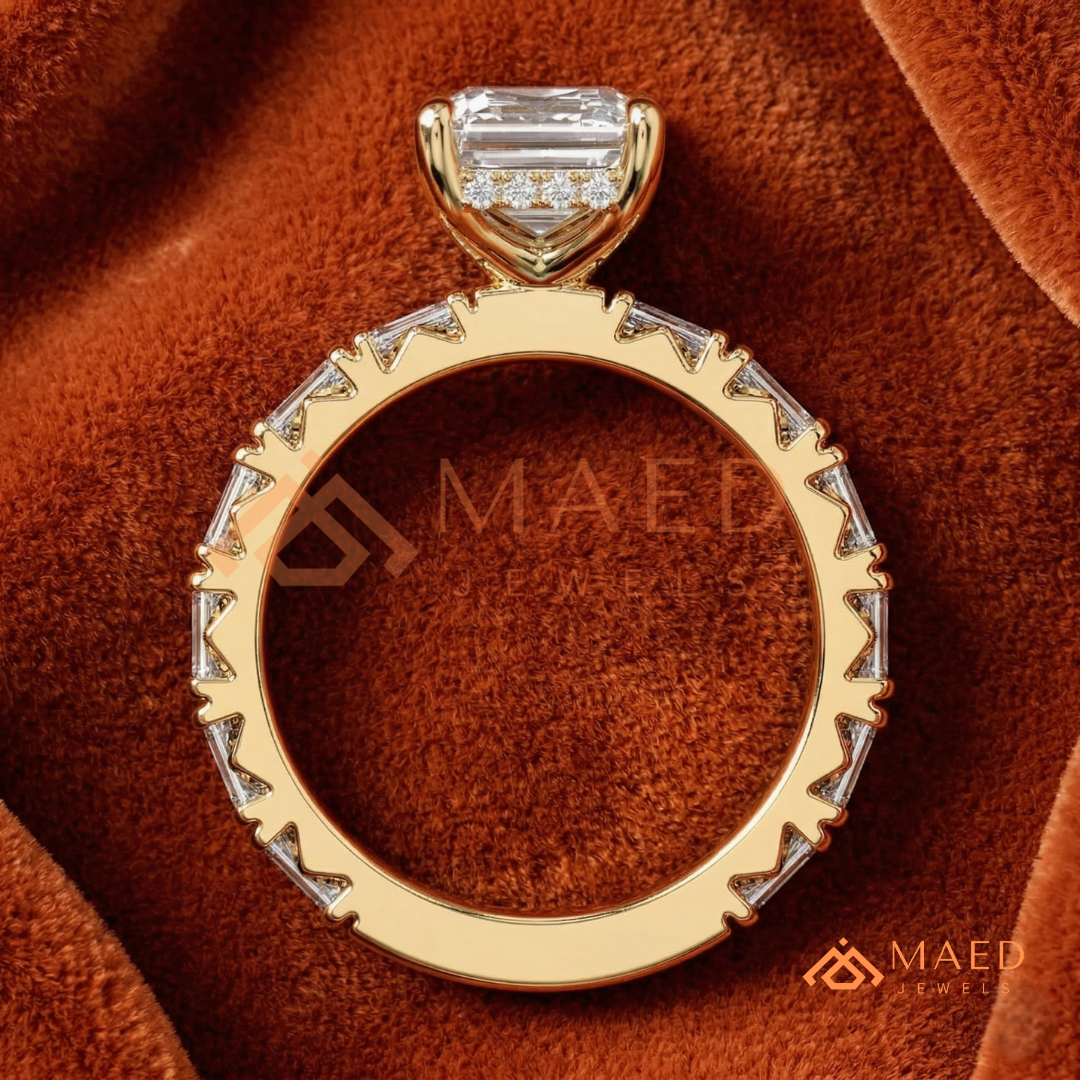Classic Emerald Cut Solitaire Ring with Emerald Band Eternity Shank