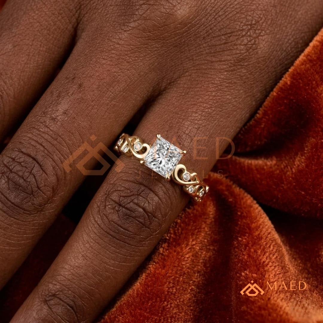 Enchanted Princess Cut Scroll Diamond Simulant Ring in 14K Yellow Gold, Rose Gold & Silver