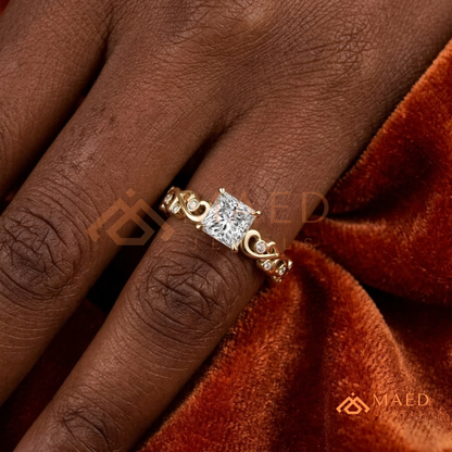 Enchanted Princess Cut Scroll Diamond Simulant Ring in 14K Yellow Gold, Rose Gold & Silver