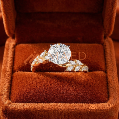 Round Cut Moissanite Nature Inspired Engagement Ring in 925 Sterling Silver, 14K Gold & 14K Rose Gold | Marquise Leaf Cluster Twisting Wedding Ring