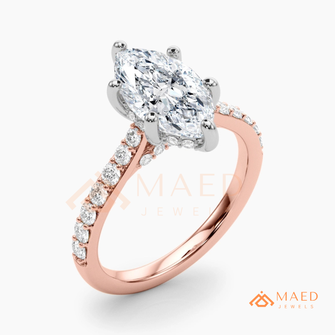 Vintage Marquise Cut Pavé Engagement Ring in Gold, Rose Gold  & Silver