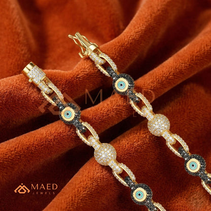 Luxury Diamond & Black Spinel Evil Eye Link Chain Bracelet