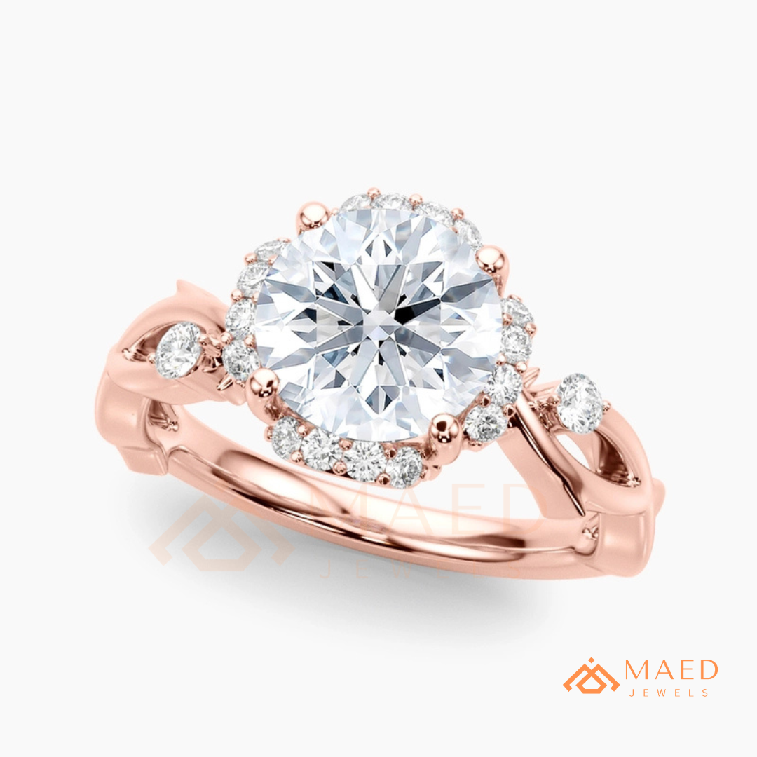 Round Cut Floral Halo Engagement Ring with Twisted Infinty Band in 14K Gold, Rose Gold & Silver
