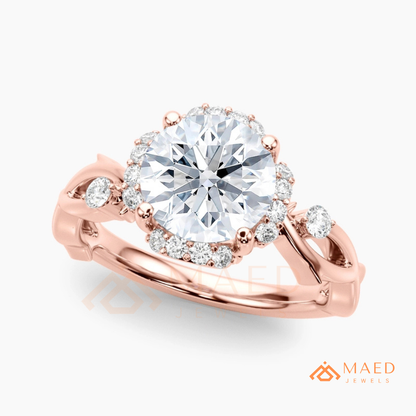 Round Cut Floral Halo Engagement Ring with Twisted Infinty Band in 14K Gold, Rose Gold & Silver