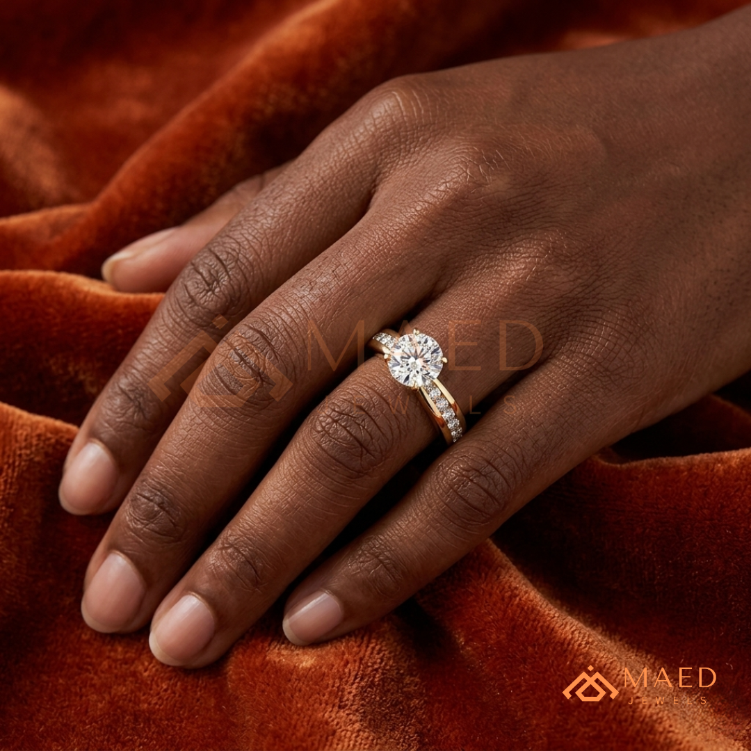 Round Brilliant Solitaire Engagement Ring with Channel Set Band – Sterling Silver, 14K Gold, or 14K Rose Gold