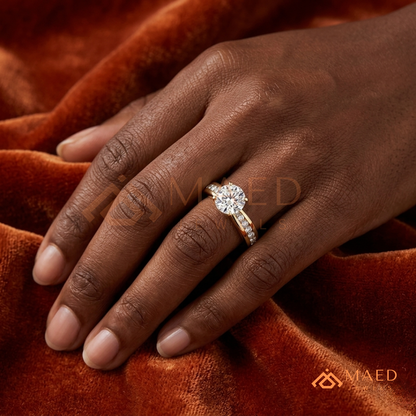 Round Brilliant Solitaire Engagement Ring with Channel Set Band – Sterling Silver, 14K Gold, or 14K Rose Gold