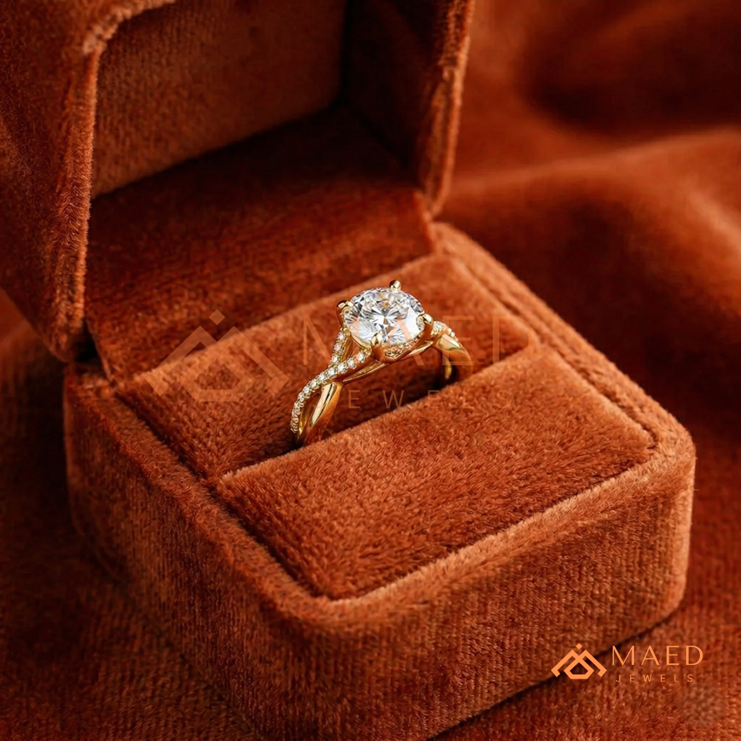 Round Cut Engagement Ring with Twisted Pavé Band in Silver, 14K Gold, & 14K Rose Gold