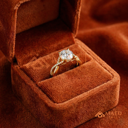 Round Cut Engagement Ring with Twisted Pavé Band in Silver, 14K Gold, & 14K Rose Gold