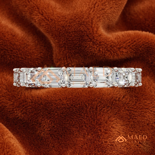 7-Stone Emerald Cut Diamond Wedding Band in Silver, 14K Yellow & Rose Gold