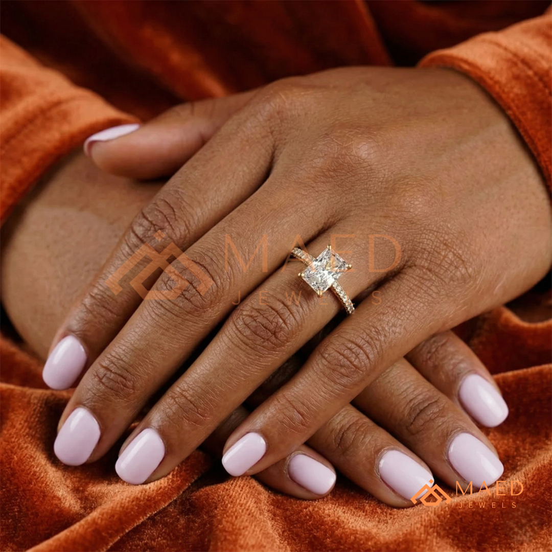 Radiant Cut Engagement Ring with Three-Row Pavé Band | 14k Gold, Rose Gold & Silver