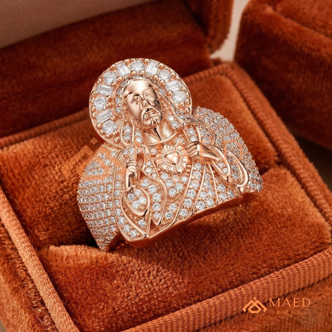 Men's Heavy Pave Crystal Jesus Portrait Ring in 925 Sterling Silver & 14K Gold Finish
