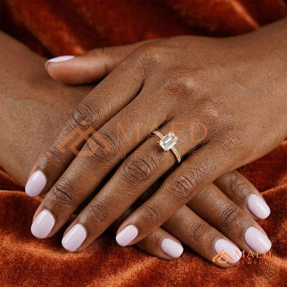 Emerald Cut Engagement Ring with Multi-Row Pavé Band in Silver, 14K Gold, & 14K Rose Gold