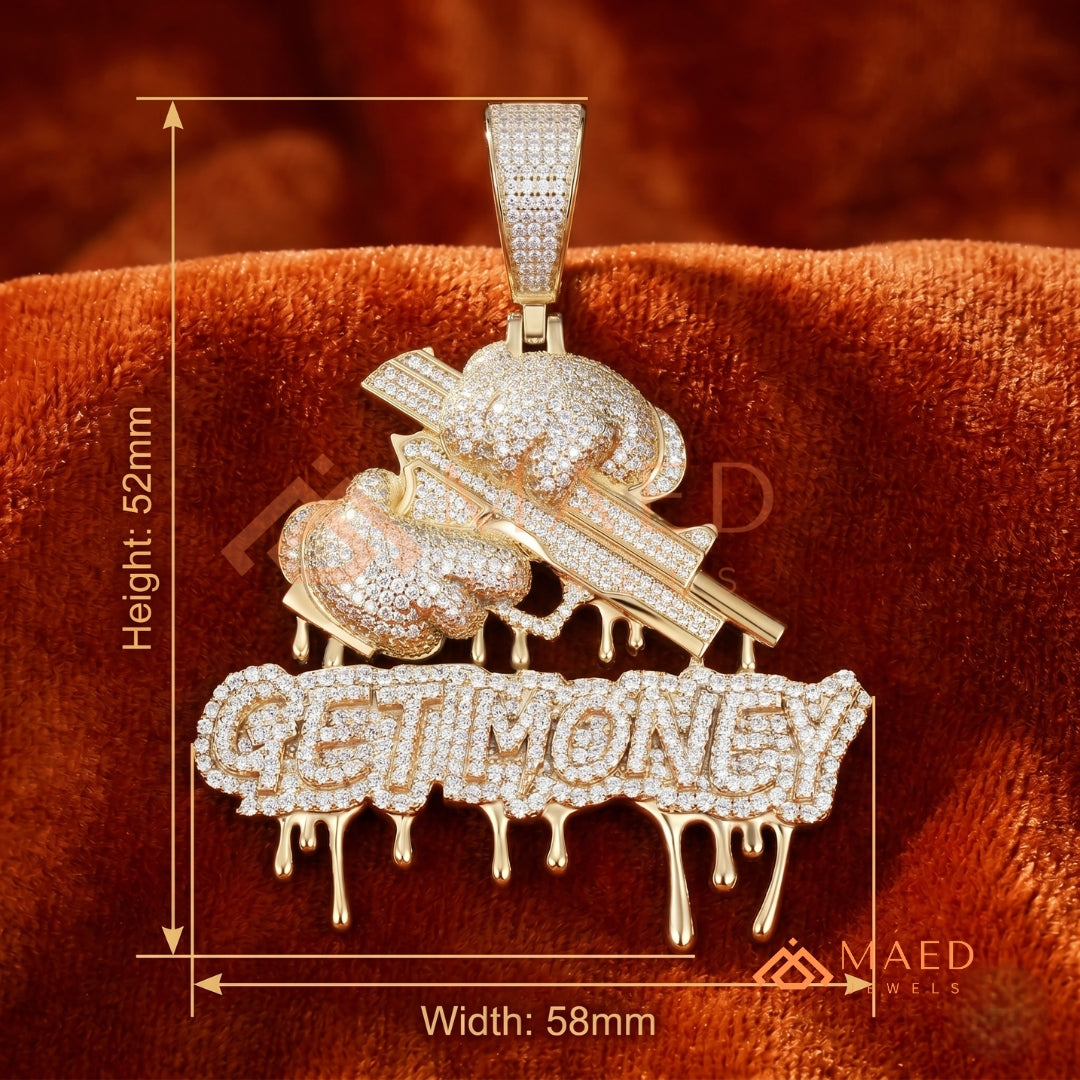 Iced Out "GET MONEY" Drip Pendant – 14K Gold, Rose Gold & Sterling Silver Hip Hop Charm
