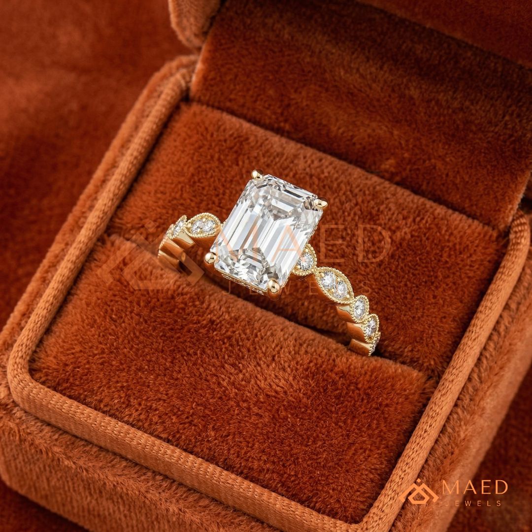 merald Cut Diamond Simulant Vintage Milgrain Ring (14k Gold & Sterling Silver)