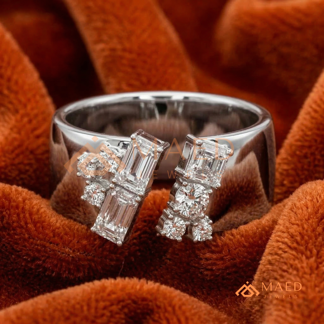 The Mosaic Wide Open Band | Baguette & Round Cluster Statement Ring