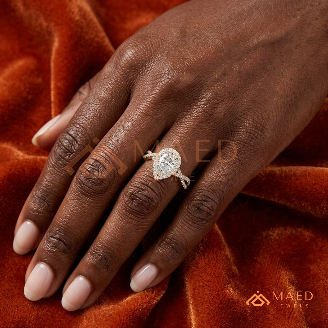 Pear-Cut Moissanite/Diamond Halo Engagement Ring with Twisted Pavé Band