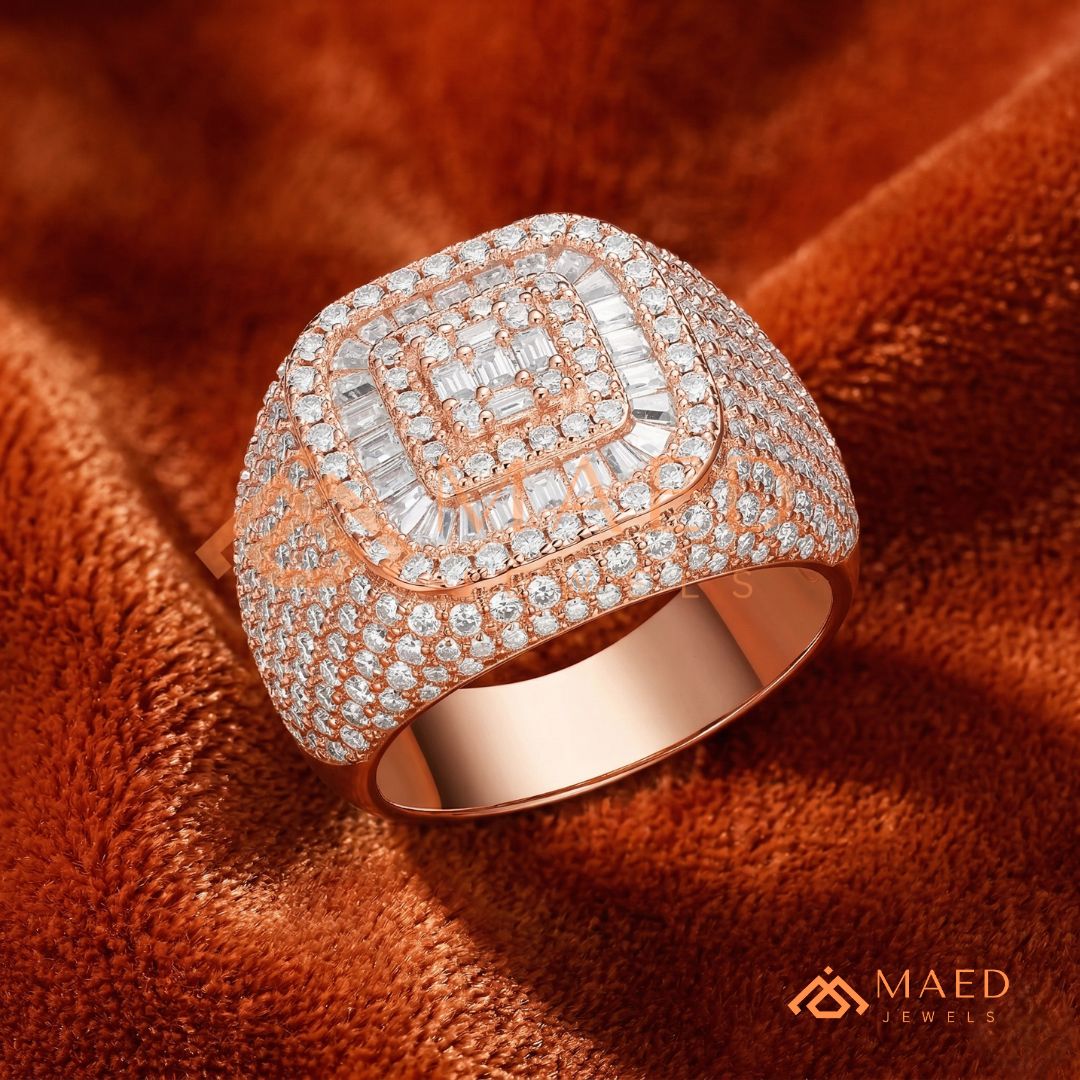 Heavy Multi-Row Baguette & Round Cluster Statement Ring – 14K Gold Wide Pinky Band