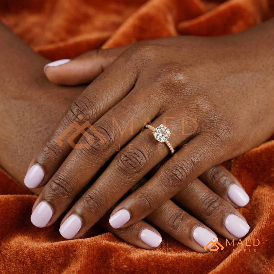 Brilliant Cushion Cut Engagement Ring | Pavé Diamond Band in 14K Gold, Rose Gold & Sterling Silver