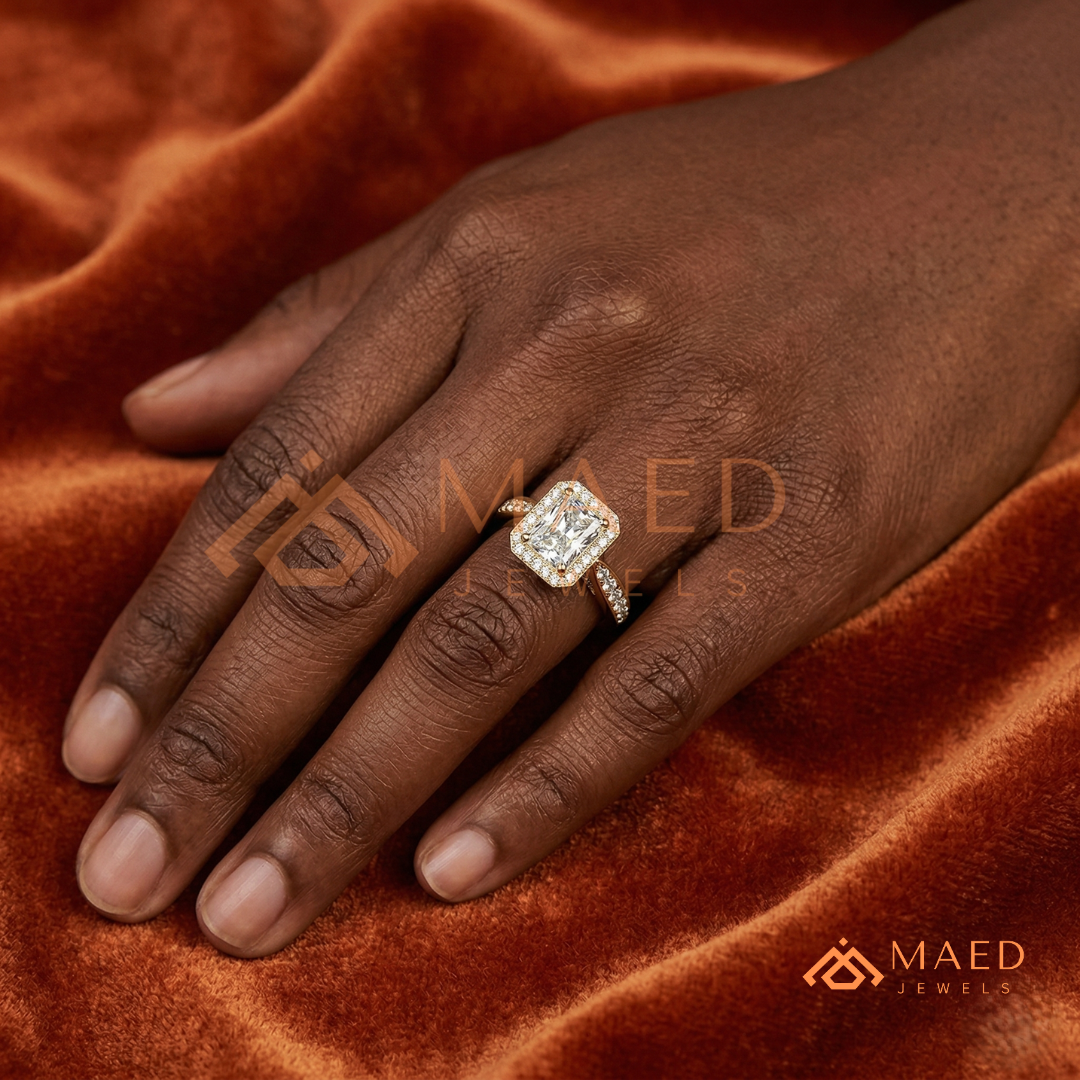 Radiant Cut Rectangular Halo Engagement Ring with Twisted Pavé Band