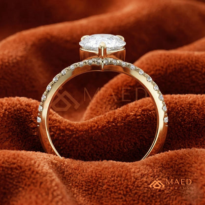 Pear Cut Chevron Engagement Ring with V-Shaped Pavé Band in Silver, 14K Gold, & 14K Rose Gold