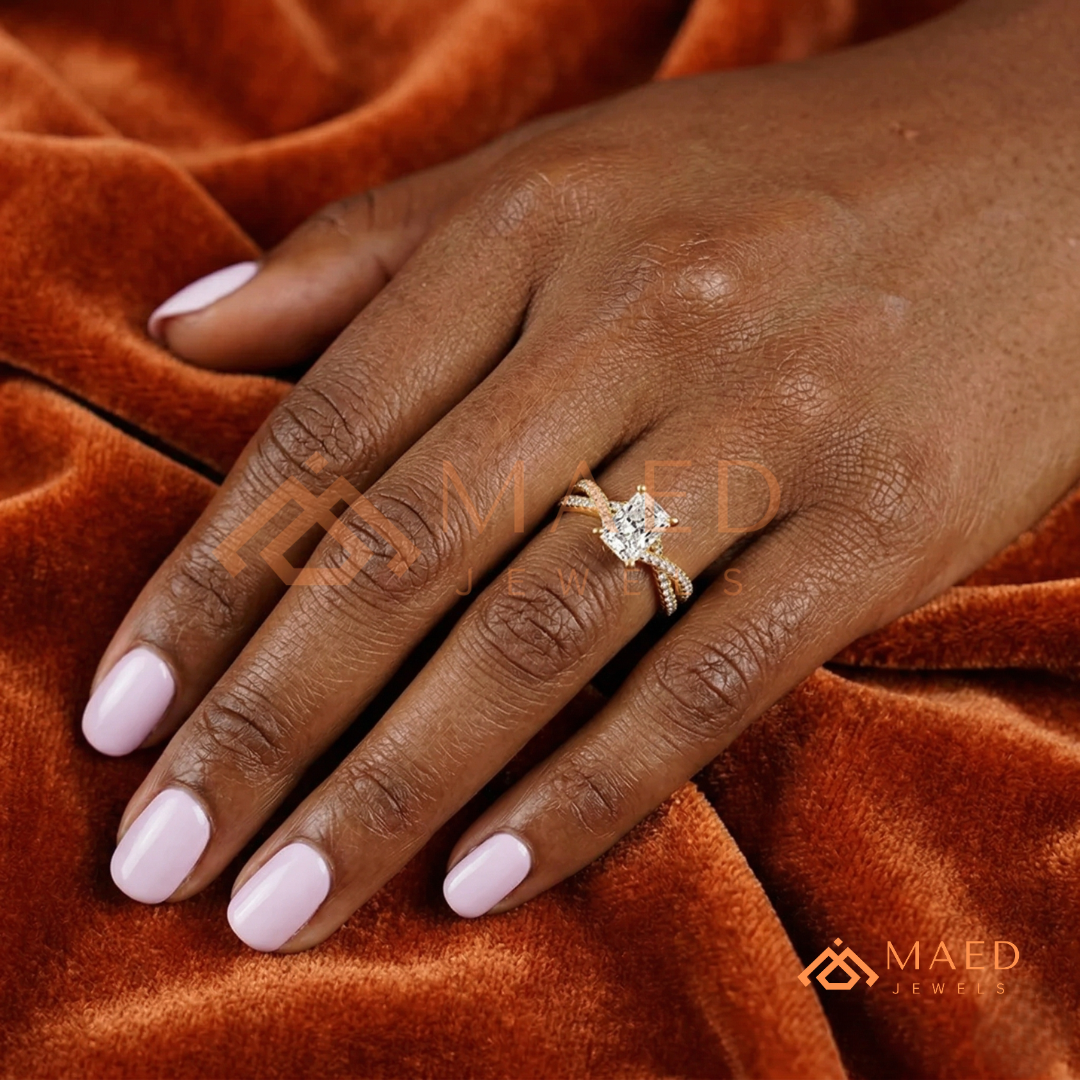 Nature-Inspired Radiant Cut Three-Stone Engagement Ring with Thorn Band in Silver, 14K Gold & Rose Gold
