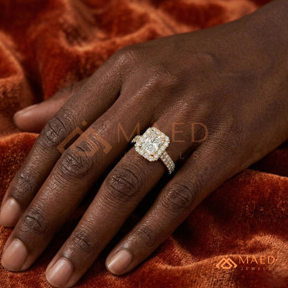 Radiant Cut Halo Engagement Ring with Pavé Band – Sterling Silver, 14K Gold, or 14K Rose Gold