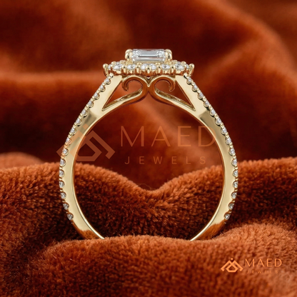 Emerald Cut Starburst Halo Engagement Ring | Split Shank Band in 14k Gold, Rose Gold & Silver