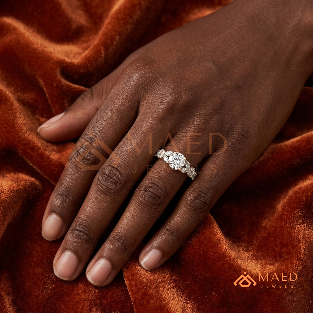 Botanical Marquise Cluster Engagement Ring with Round Center Stone