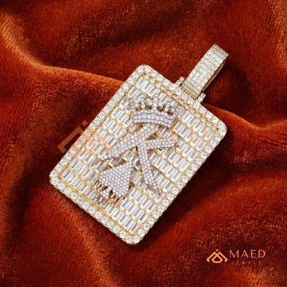 Iced Out King of Spades Dog Tag Pendant – 14K Gold, Rose Gold & Silver Baguette Custom "K" Charm