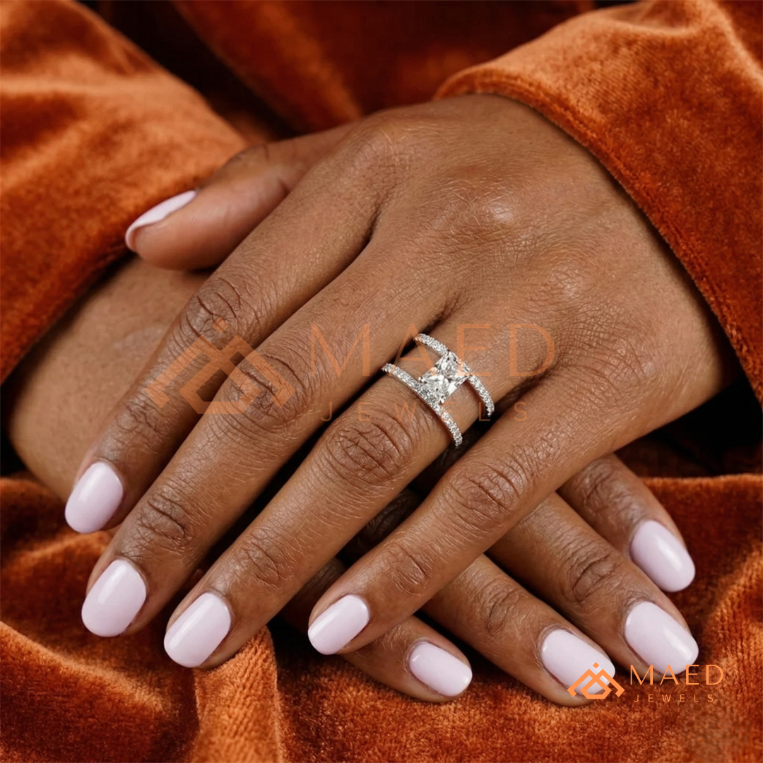Radiant Cut Double Band Engagement Ring | Floating Open Spacer Pavé Cuff