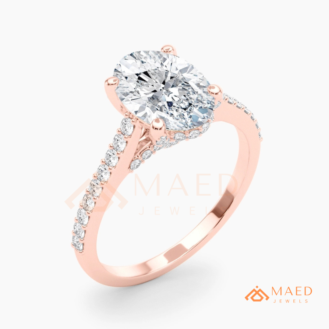 Oval Cut Engagement Ring with Pavé Diamond Band in 14K Gold, Rose Gold & Silver