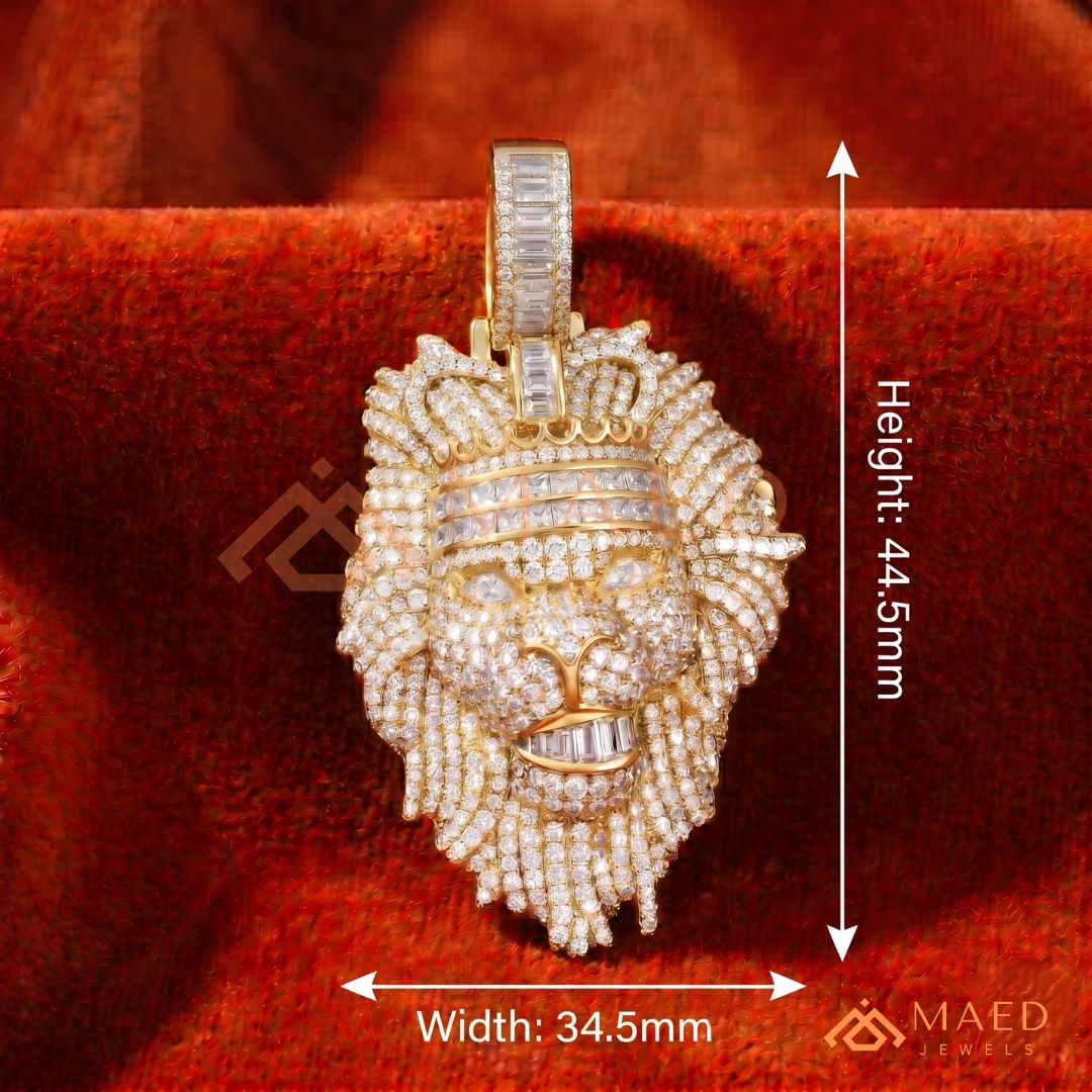 Iced Out King Lion Head Pendant – 14K Gold, Rose Gold & Silver Baguette Crown Hip Hop Charm