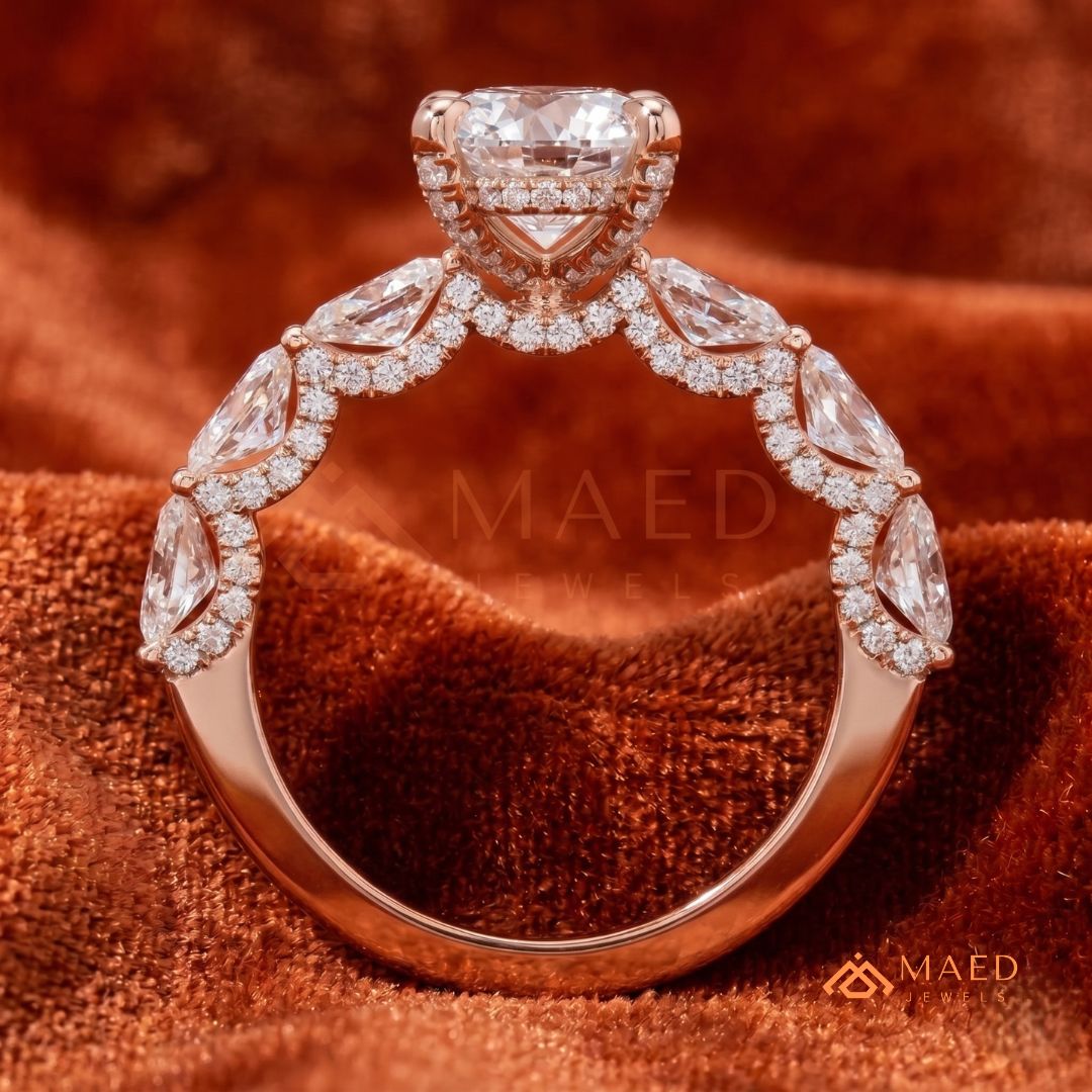 Oval Cut Engagement Ring with Large Round Accent Band | 14K Gold & Silver Shared Prong